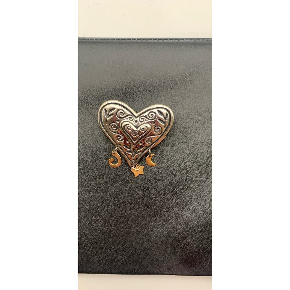 Silver Tone Heart Brooch With Dangling Moon And Star